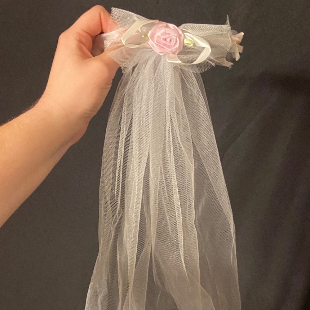 Vintage White Tulle Veil Hairpiece with Pink Rose Accent